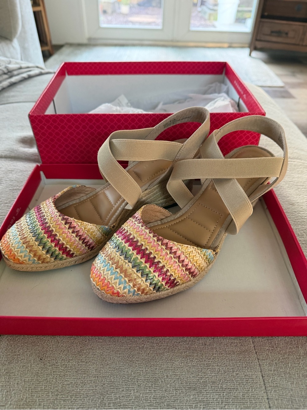 Kelly & Katie Beige Espadrille Platforms with Multicolor Woven Toe Detail